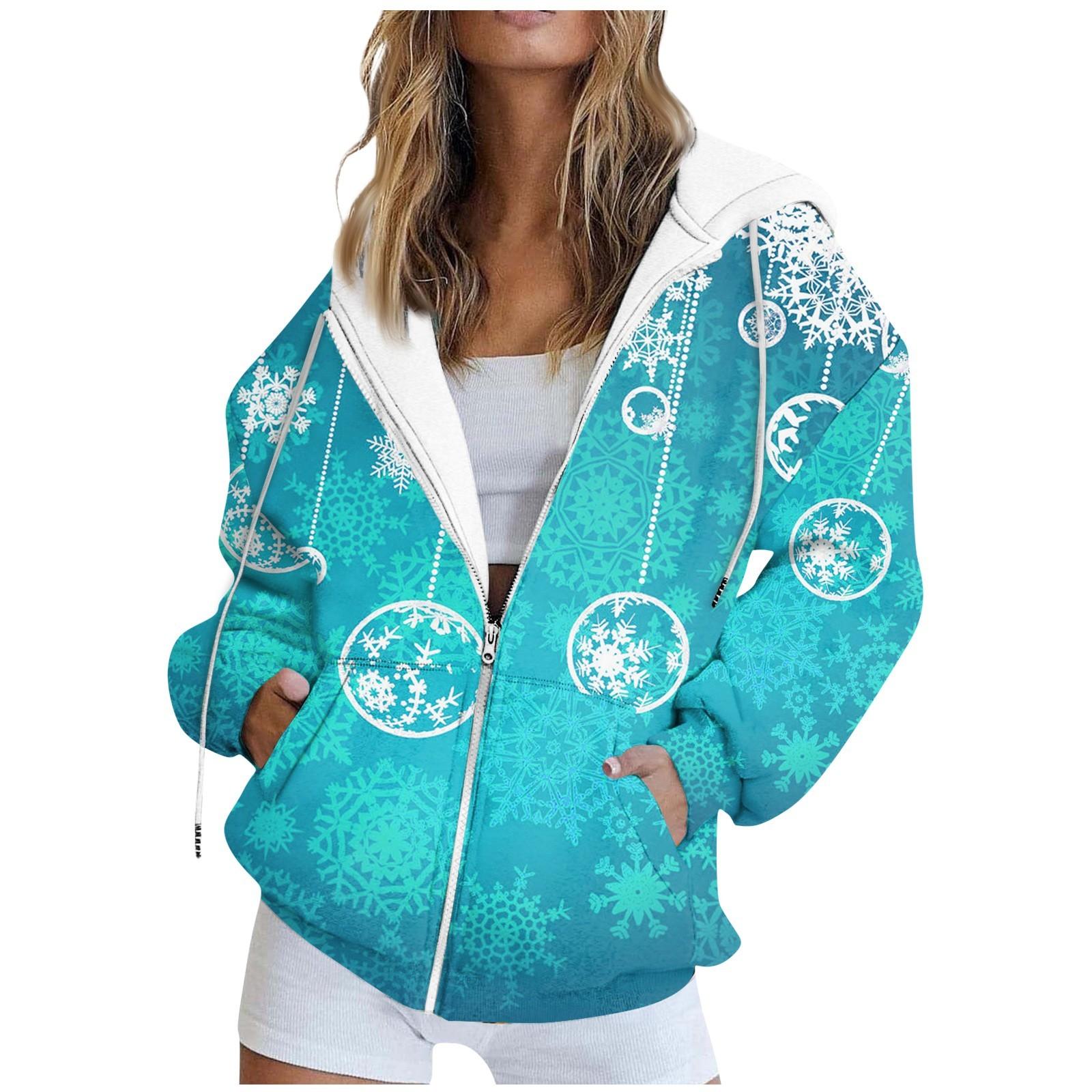 

Женская модная повседневная толстовка с рождественским принтом, карманная куртка, толстовка на молнии XXL циан