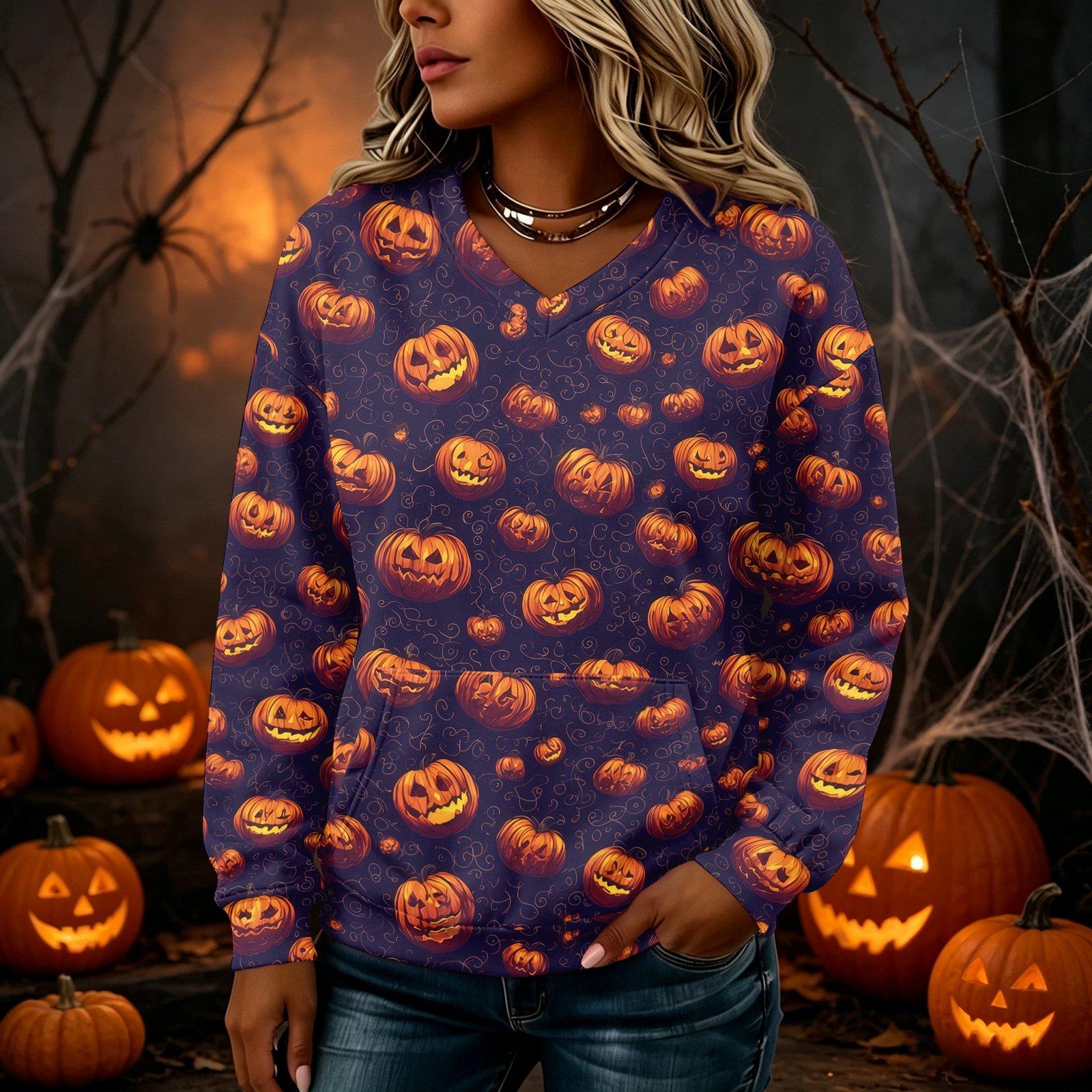 Women s V-Neck Long Sleeve Halloween Graphic Sweatshirt Lightweight Pullover with Pockets L