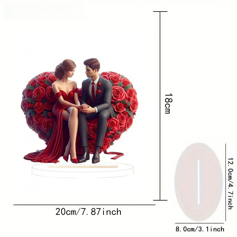 Modern Acrylic Love & Happiness Couple Statue - Romantic Heart-Shaped Rose Design - 2D Flat Acrylic Desktop Ornament