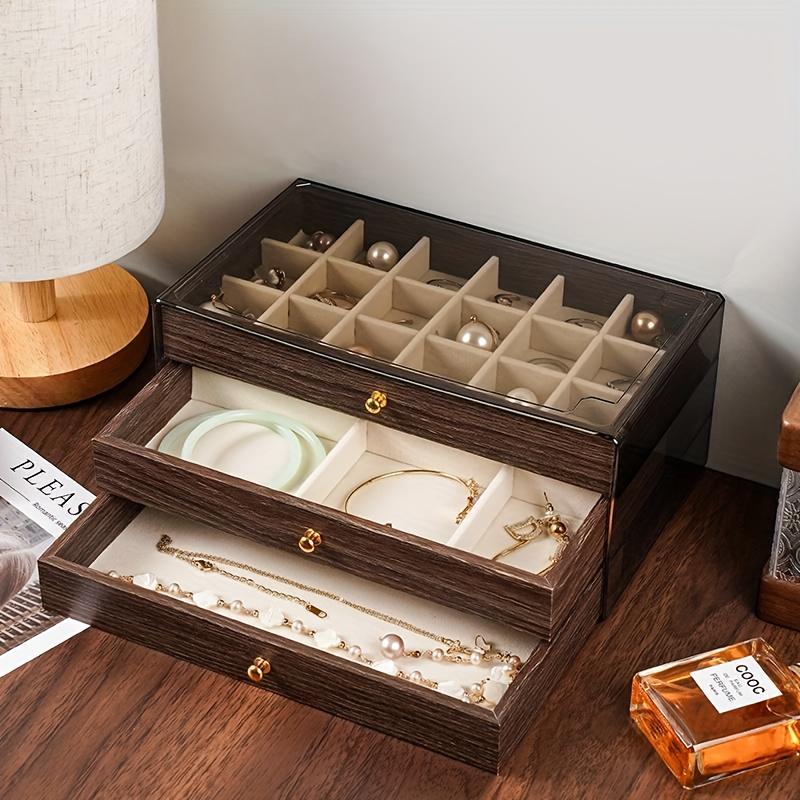 Large Capacity 3-Tier Jewelry Storage Box Drawer Organizer Walnut Wood Grain Multi-layer Stackable Necklace Earrings Jewelry Box