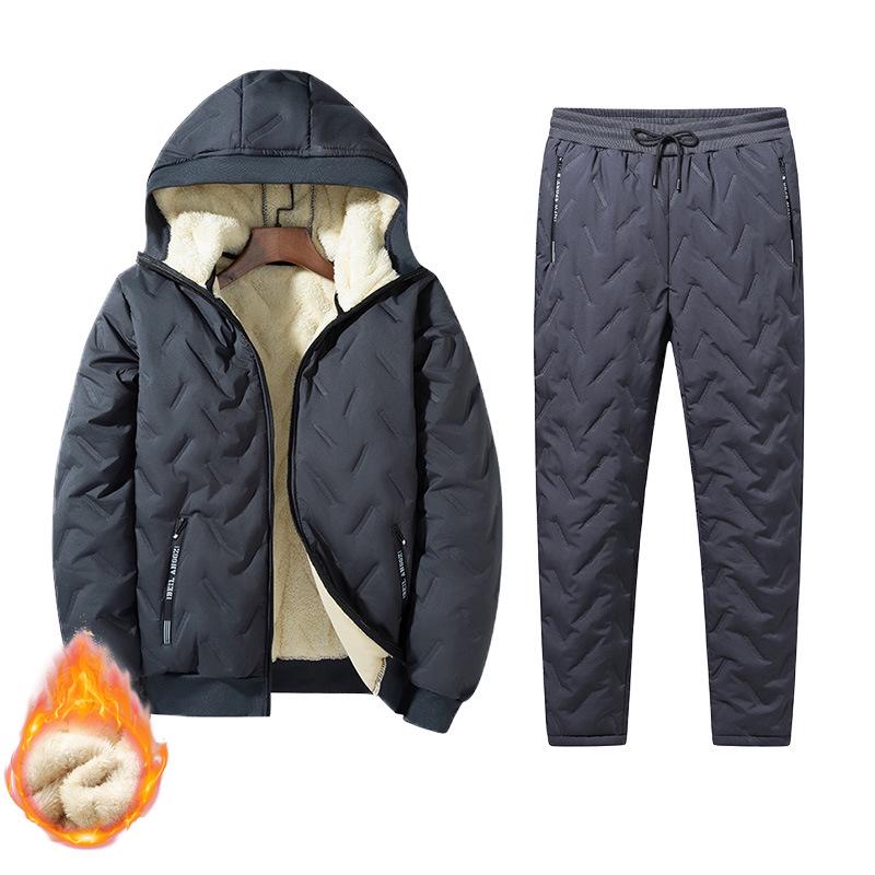 Men's Warm Hooded Ultrasonic Lambswool Coat & Plus Velvet Cotton Pants Set for Winter Cold Protection