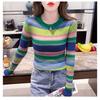 Neuer Woll Herbst- und Winter Regenbogen gestreifter gestrickter Langarm-Pullover für Damen Dünner altersreduzierender Pullover Base