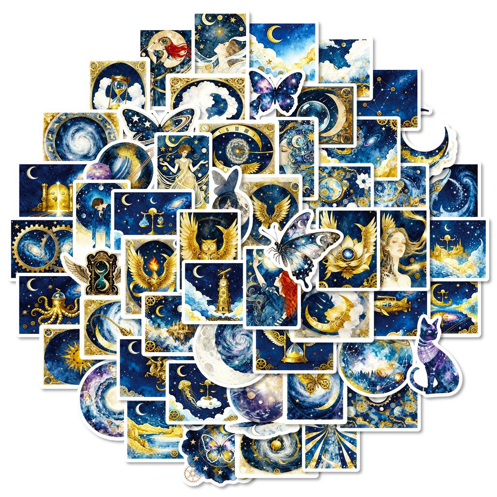 56 Fantasy Starry Sky Blue And Gold Stickers Universe Steampunk Style Creative Retro Fantasy Decorative Stickers