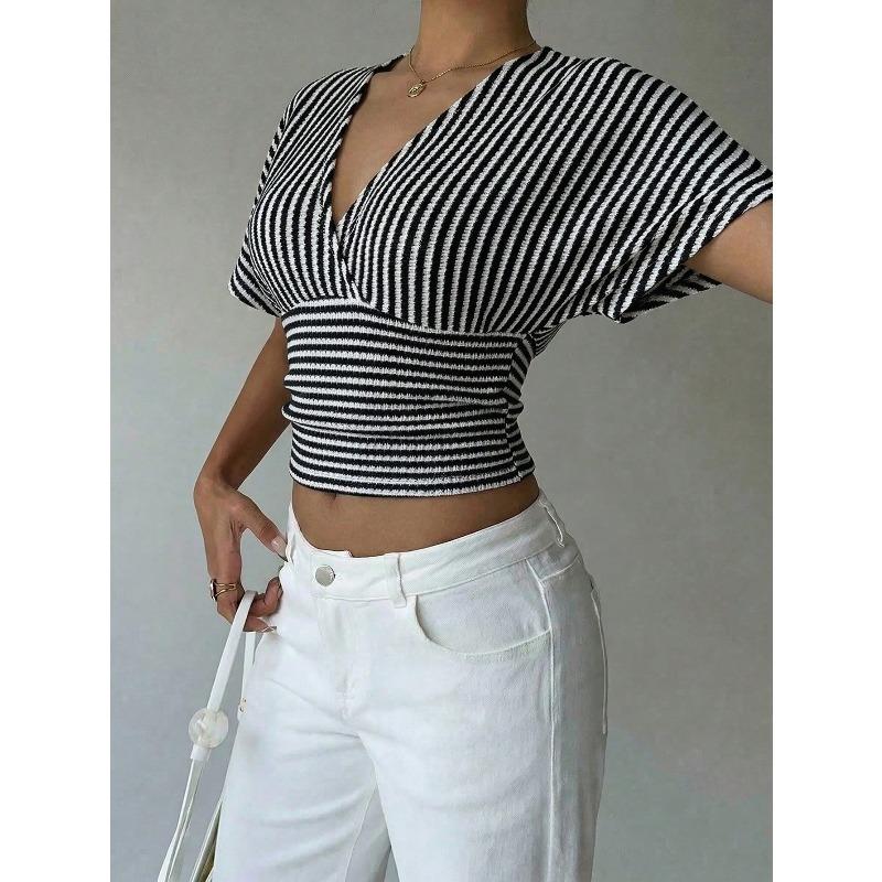 IHUASU Women's Fashion Casual V-Neck Short Sleeve Blouses & Shirts