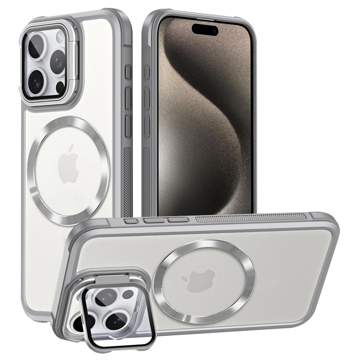 

For iPhone 15 Pro Case Lens Frame Kickstand Acrylic+TPU Anti-Drop Phone Cover Compatible with MagSafe D