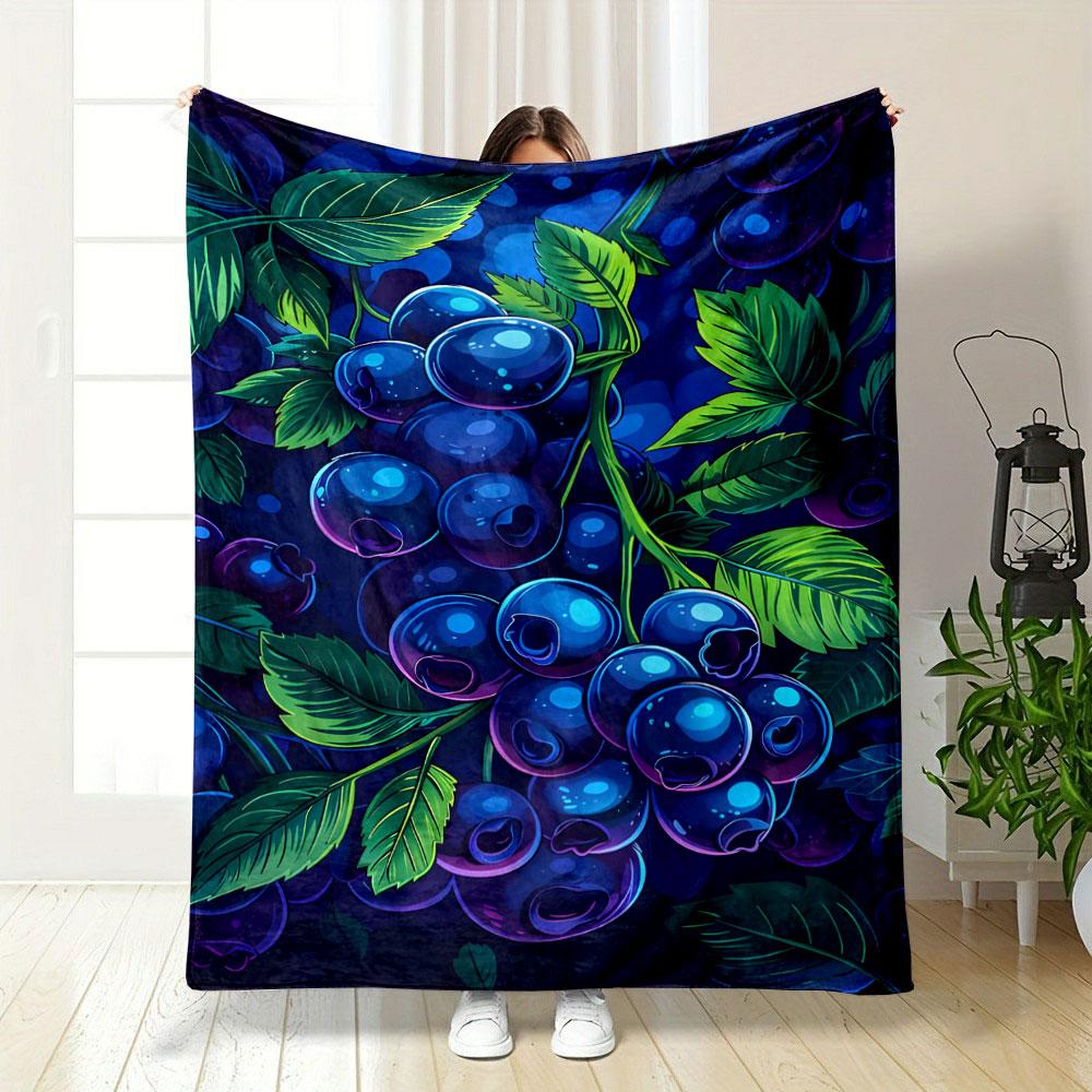 "Vibrant Blueberries with Green Leaves" Patterned Blanket, Flannel, Suitable for All Seasons, Home Decor, Warm and Cozy