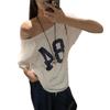 Letter Print Off-the-shoulder T-shirt for Women's Summer New Casual Loose Medium and Long Student Top for Women