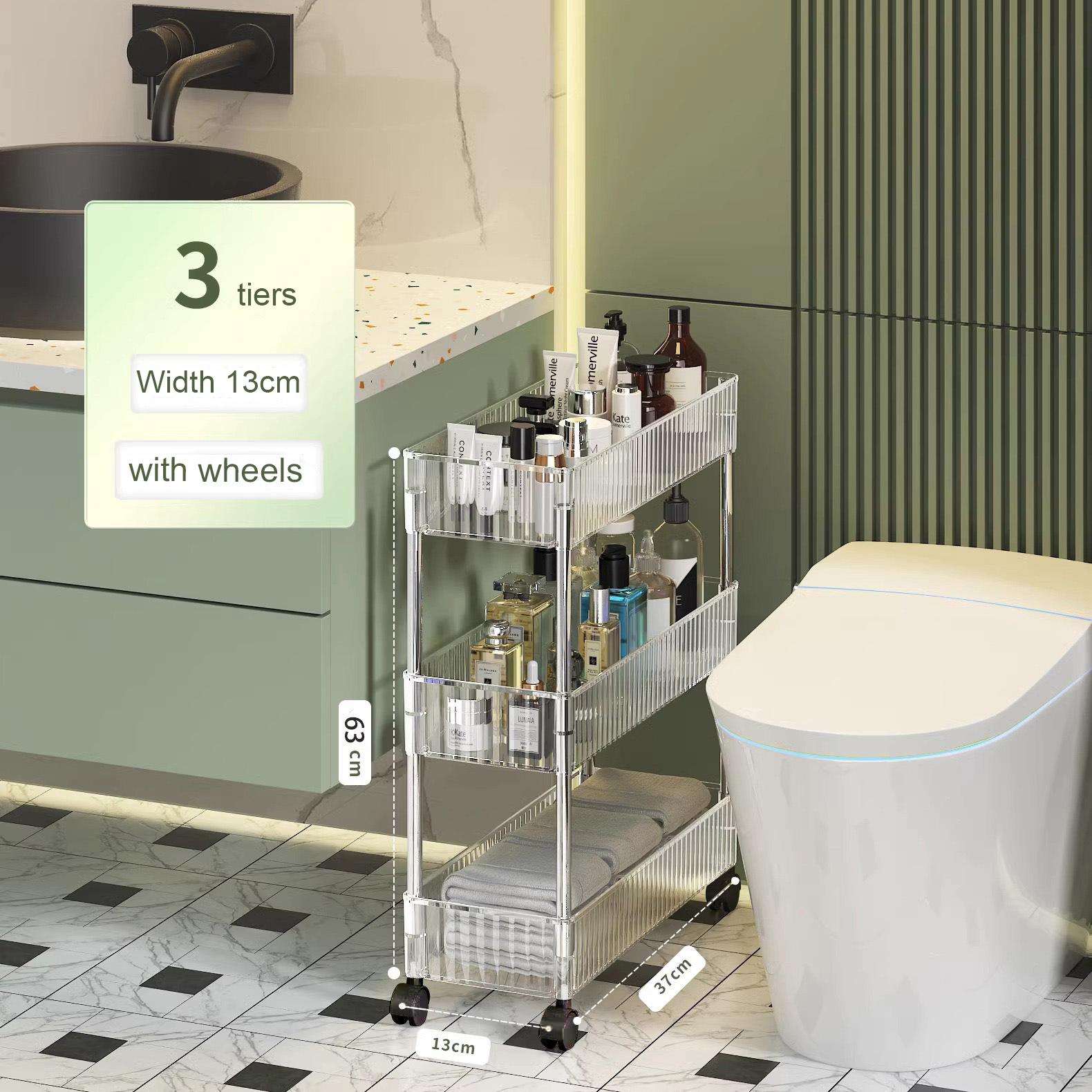 

Акриловая прозрачная тележка для хранения вещей, передвижная тележка на колесах, узкий стеллаж для хранения вещей с колесами, съемная полка для ванной комнаты, 2/3/4 уровня 3-tiers-13cm