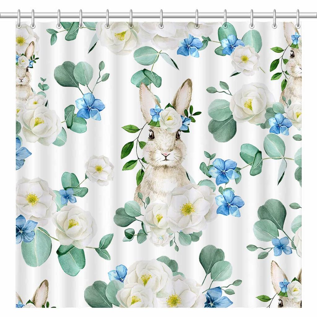 Flower Shower Curtain Spring Watercolor Flower Rabbit Festive Bathroom Curtain Blue And White Flower Shower Curtain Set With Hook