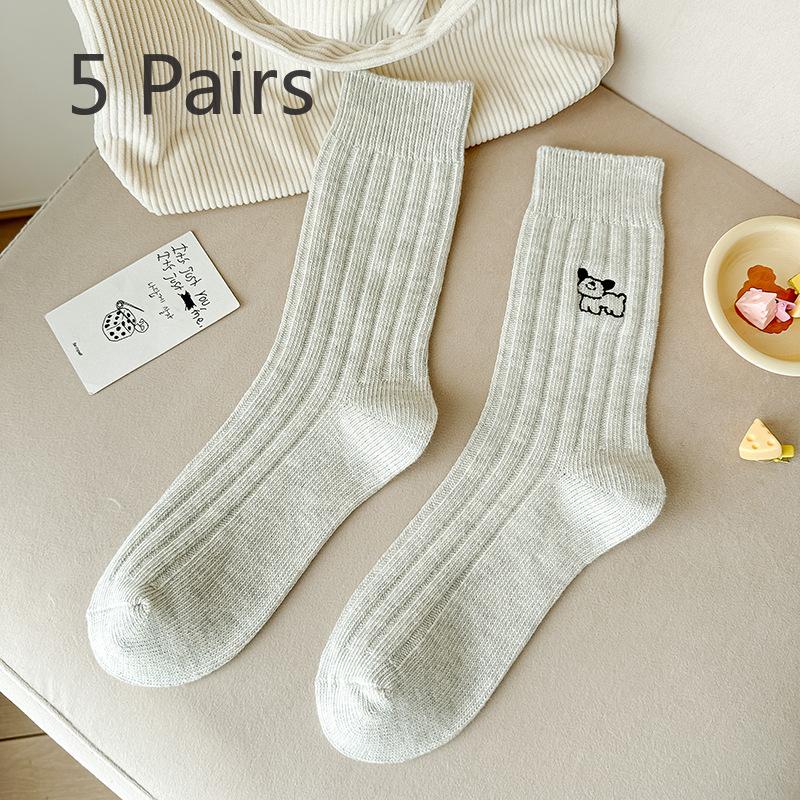 

5 пар женских носков с вышивкой в виде щенка на весну и осень в вертикальных полосках в ворсистых трубках 5 Pairs серый