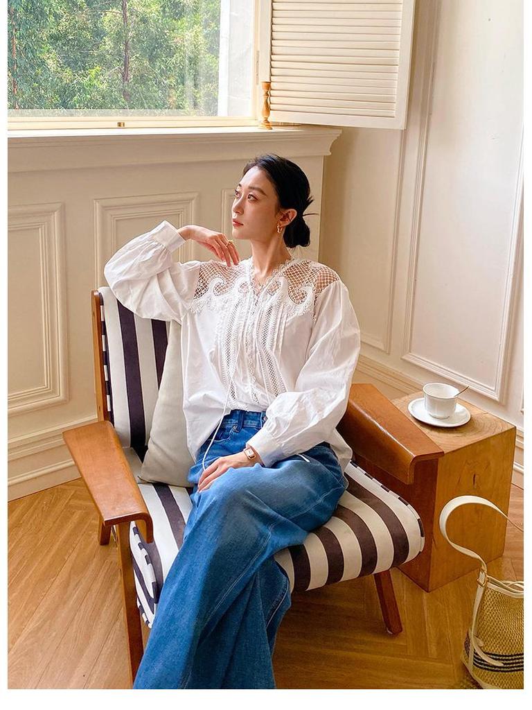 Autumn New White French-Style Women's Long Sleeve Shirt