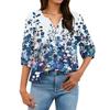 Women Henley Neck Button Front Floral Print Shirt Three Quarter Sleeve Cotton Linen Casual Loose Fit Blouse Top