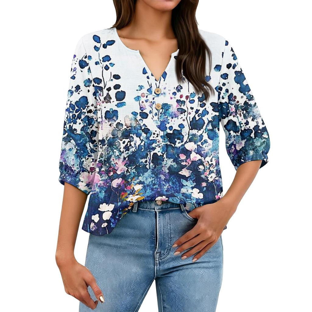 Women Henley Neck Button Front Floral Print Shirt Three Quarter Sleeve Cotton Linen Casual Loose Fit Blouse Top