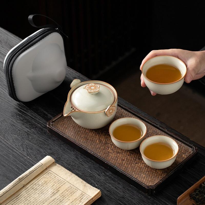 Beige Ru Kiln Travel Kung Fu Tea Set Outdoor Portable Teacup Small Set Kuaike Cup Storage Bag