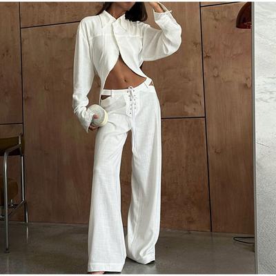 Conjunto Calças Casuais Mulher Vazado Lapela Botão Cropped Camisa Calças Cintura Elástica Fato Mulher Conjuntos Elegantes Senhora Primavera Verão