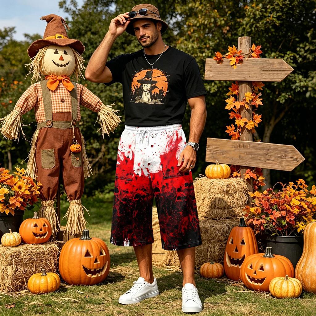 Men's Loose Fit Halloween Print Cargo Shorts with Large Pockets