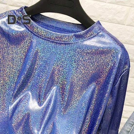 Dámské funkční triko s kulatým výstřihem, krátký rukáv, volný střih, třpytivé reflexní triko Tričko Party Dance Pullover Top