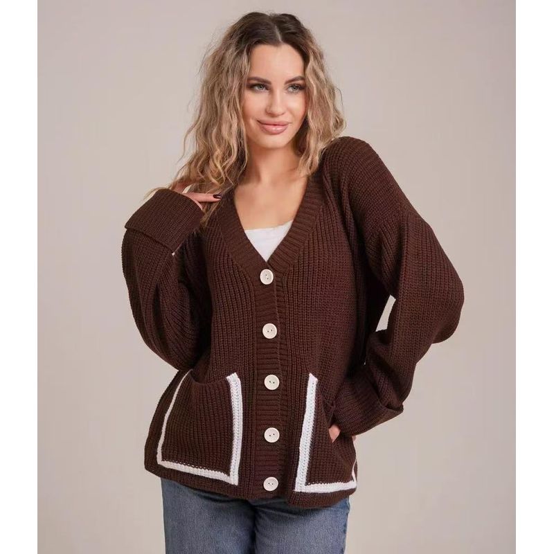 

Fashion Style New Arrival Fashion V-neck Knitted Cardigan Sweater Outwear Female Cardigan Knitted Sweater Coffee M