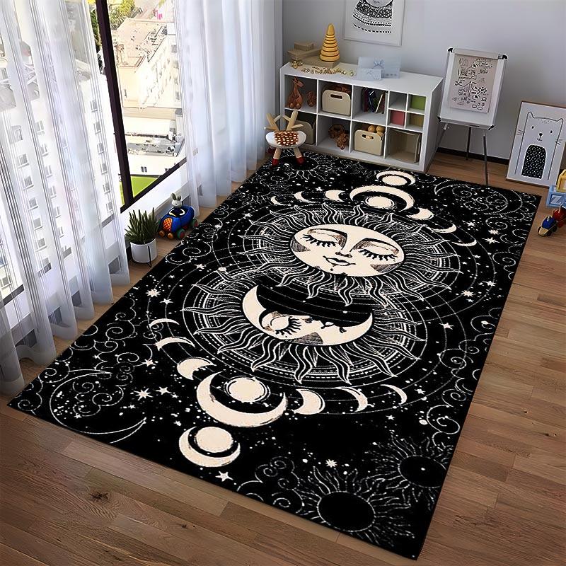 Vintage Black Moon and Sun Pattern Rug with Celestial Design Suitable for use as an anti-slip for living room bedroom sofas