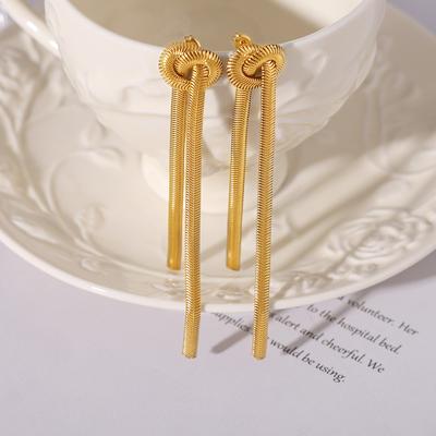 Fashion Gold Knotted Tassel Snake Chain Long Necklace Earrings Plated 18K Real Gold Titanium Steel Set