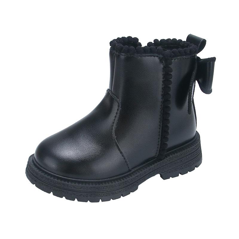 Children's Princess Style Single Boots Plus Velvet Short Boots Non-slip Soft Sole Leather Boots Side Zipper Warm Cotton Boots