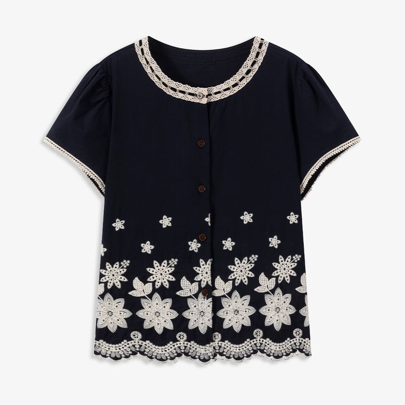 

Aozhi French Style Retro Navy Blue Machine Embroidery Lace Shirt Women s Age-Reducing Puff Sleeves Shirt Cotton Cardigan N Navy blue L