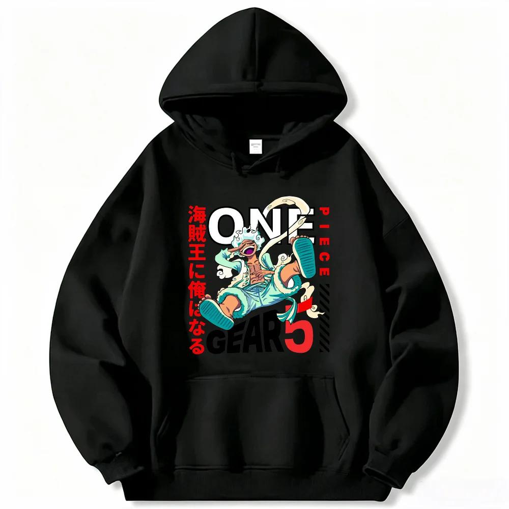 Anime One Piece Gear 5 Luffy Print Hoodie, Loose Fit Pullover Sweatshirt, Trendy Hooded Top for Daily Wear & Manga Enthusiasts