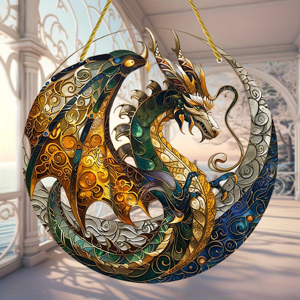 Dragon Sun Catcher. Circular stained glass plaque for wall or wreath decor. An artistic accent.