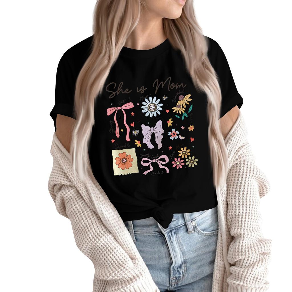 Women Casual Daily Round Neck Printed Short Sleeved T-shirt Letter Top