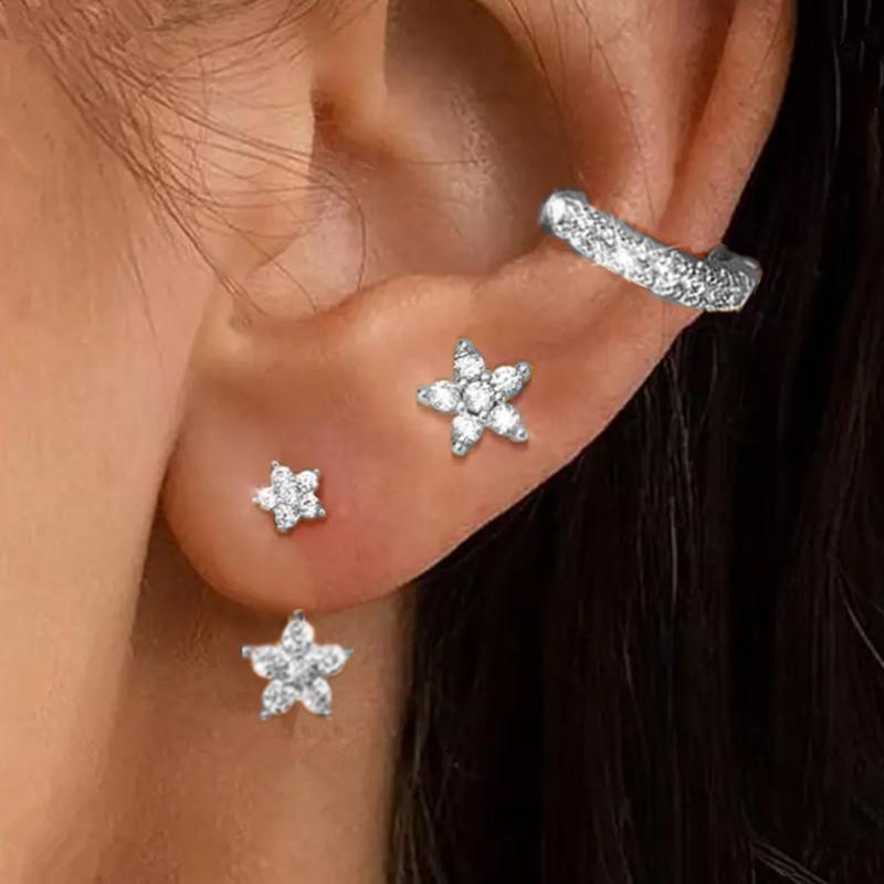 3PCS Crystal Flower Tragus Stud Earring Set Women Fashion Square Huggie Hoop Earring Bulk Cartilage Helix Jeweley Lobe Piercing