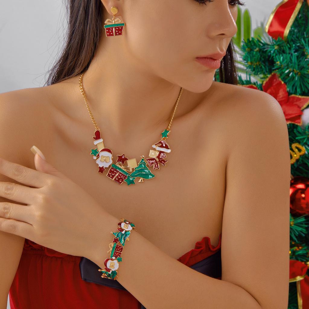 Christmas Drip Santa Christmas Tree Gift Box Necklace Earrings Alloy Splicing Bracelet Fashion Gift Set