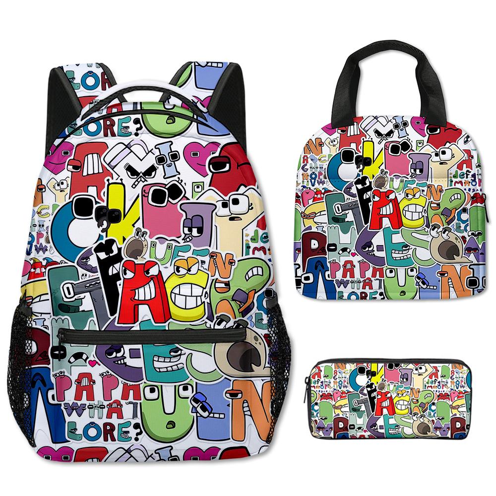 Classic Popular Funny Alphabet Lore 3D Print 3pcs/Set School Bags Travel Notebook Backpack Portable Lunch Bag Pencil Case