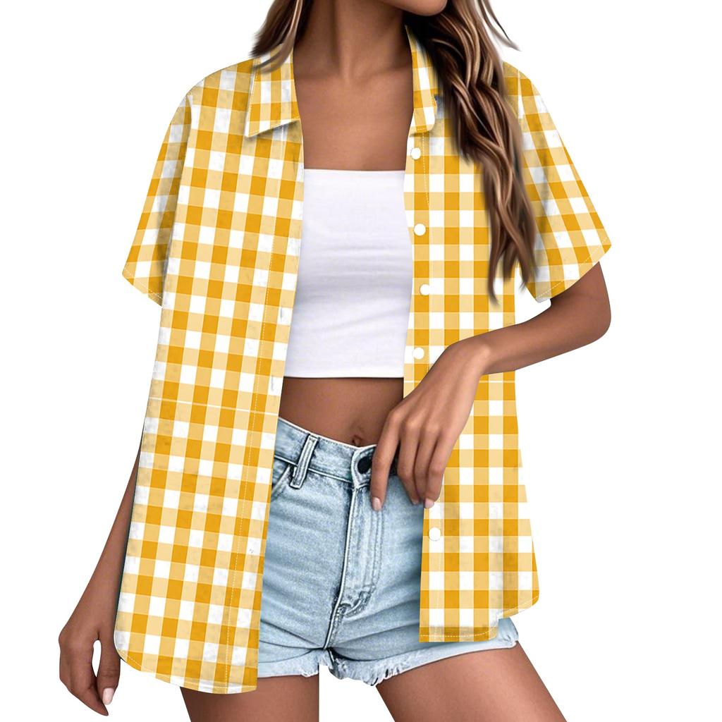 Women Casual Loose Short Sleeve Button Down Shirt Collar Plaid Checkered Blouse Summer Top Lightweight Breathable Fabric