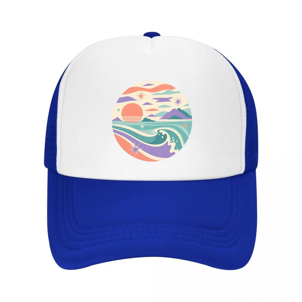 Pastel Coastal Sunset Wave Emblem Mesh Baseball Cap Casual Hat Outdoor For Womens Unisex FeUnisex