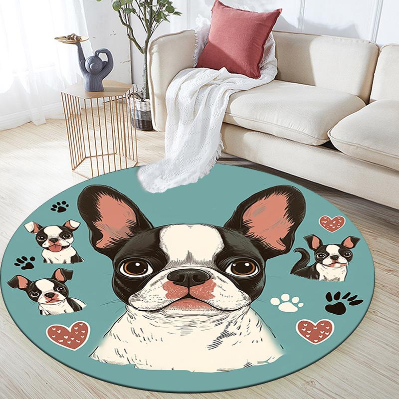 Okrągły dywanik z buldogiem francuskim, Dywanik do salonu, sypialni, przy sofie, pokoju zabaw, Mata podłogowa antypoślizgowa
