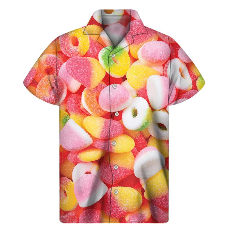 Colorful Candy Lollipop Hawaiian Shirt For Men Fudge Lapel Shirts Harajuku Fashion Short Sleeve Street Button Blouse