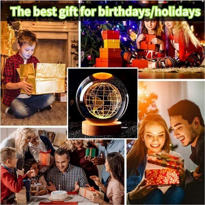 3D Globe Crystal Ball Night Light with Wooden Base - LED USB Table Lamp for Kids, Teens, and Home Decor