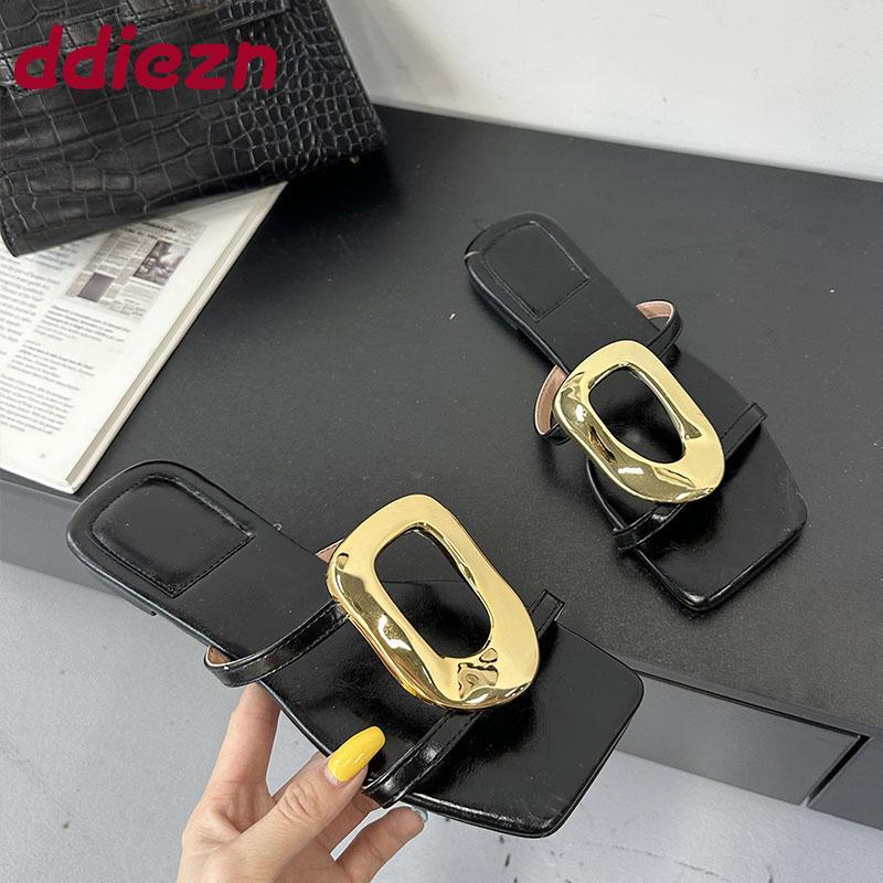 Fashion Summer Beach Female Slides Slippers Sandals Shoes For Women Flip Flops Fashion Metal Ladies Flats Slippers Shoes Big Size 43