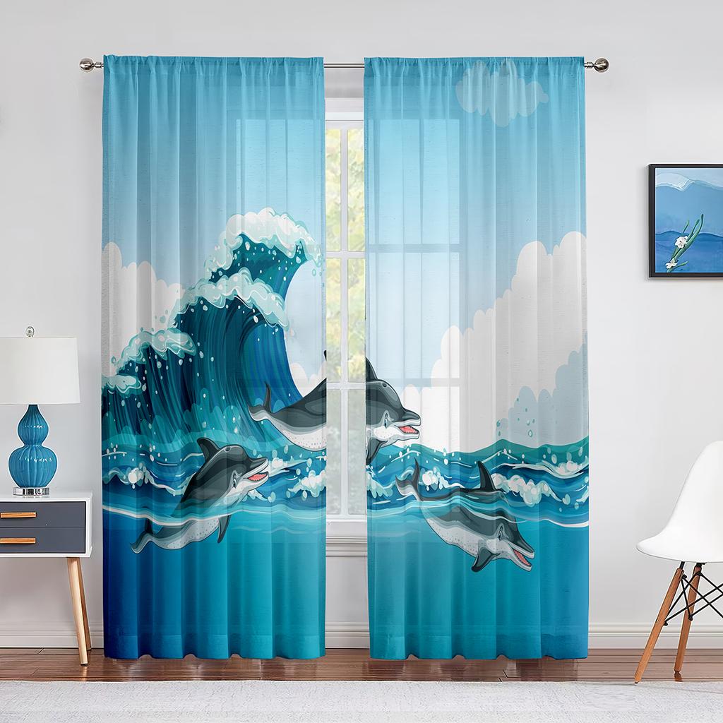 Cartoon Ocean Animal Sheer Voile Curtain Dolphin Sea Lion Whale Window Tulle Curtains for Living Room Kids Bedroom Kitchen Decor