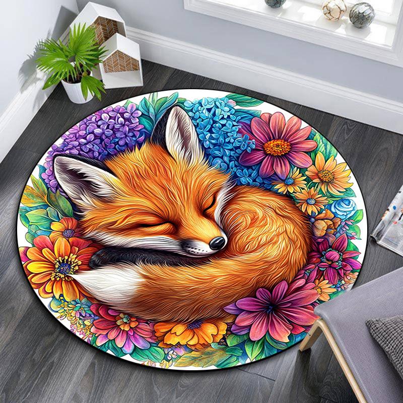 Sleeping Fox Round Area Rug,Carpet Rug for Living Room Bedroom Sofa Playroom Decor,Non-slip Floor Mat
