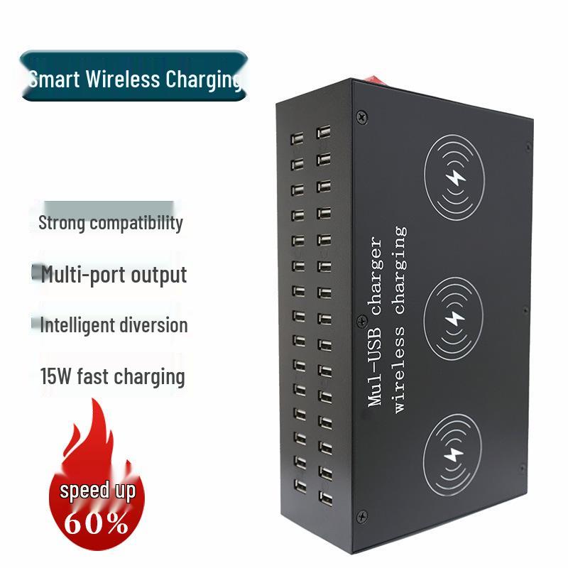 High-Power Multi-Port USB Charging Station with 15W Wireless and 30-Port Capability