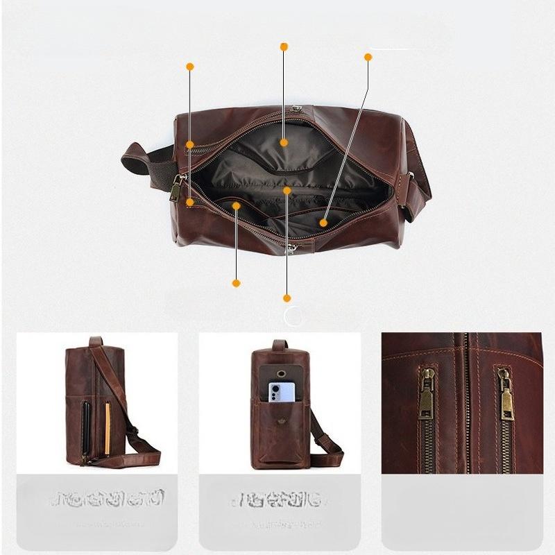 Breast bag Crazy horse leather retro messenger bag niche fashion trend cylinder bag genuine leather messenger shoulder bag breast bag men's bag