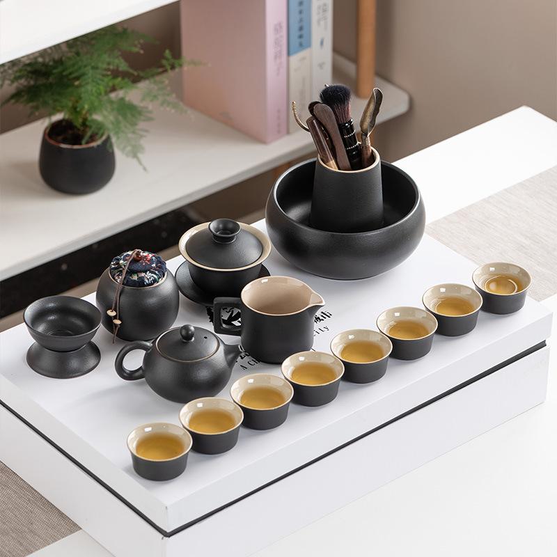 Black Pottery Kung Fu Tea Set Cover Bowl Teapot Tea Cup Tea Set Accessories Complete Tea Tray Business Gifts High-end Gift Box