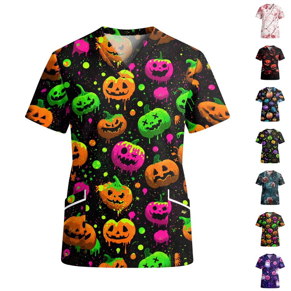 Women V Neck Short Sleeve Work Top with Pockets Halloween Print Floral Pattern Spider Web Design Casual Medical Scrub Shirt