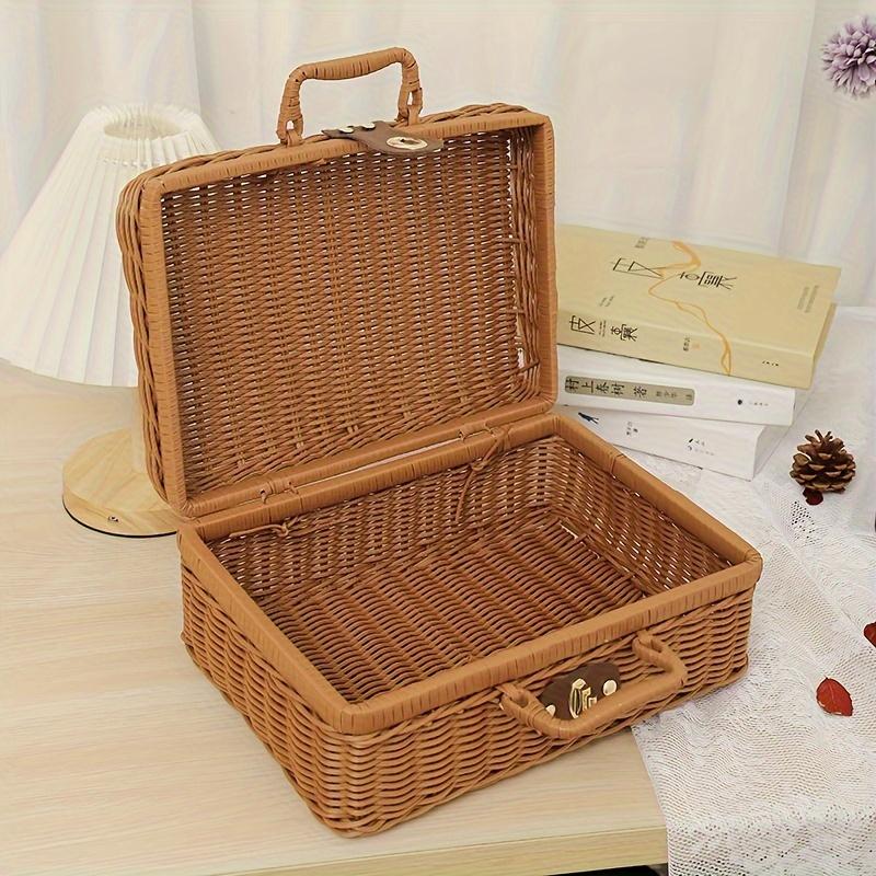 Vintage Rattan Woven Storage Basket with Handle Rectangular Stackable Organizer for Picnics Home Decor Living Room Shelf Baskets
