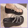 Summer Stylish Women Platform Sandals With Rhinestones Comfortable Beach Slippers In Silver Beige And Black