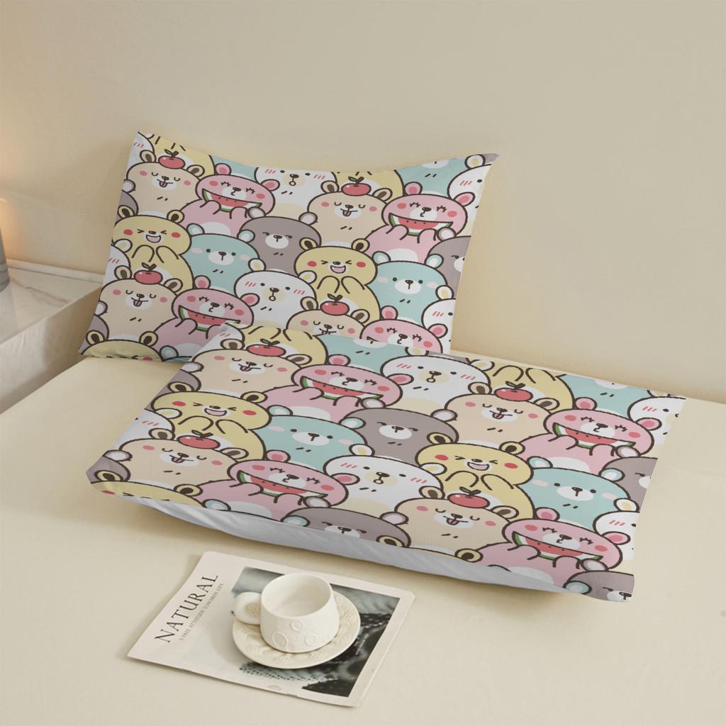 3pcs Fitted Sheet Set Cute Bear Pattern Print Design Easy Care Bed Sheet With Pillowcases For Bedroom Decor