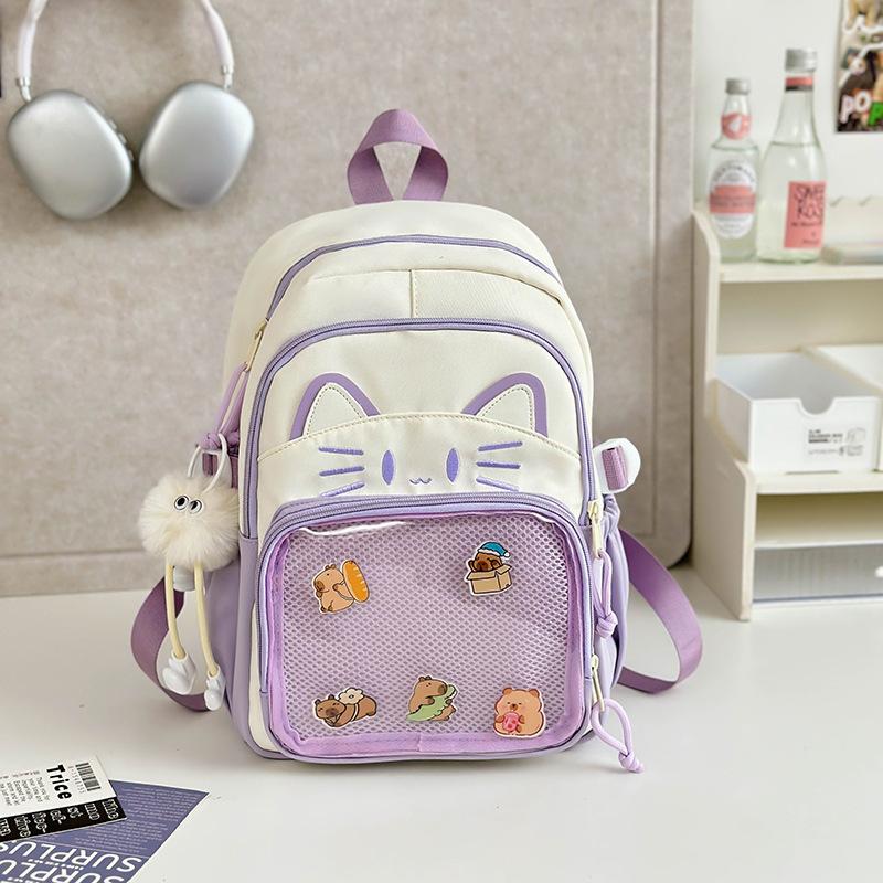 Schoolbag Japanese ins cute cat backpack pain bag transparent large-capacity schoolbag versatile casual shoulder bag