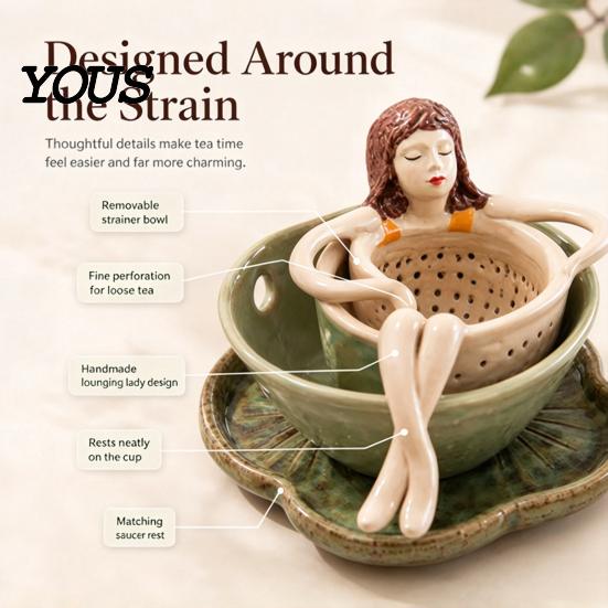 Unique Tea Steeper for Loose Bathing Girl Infuser Leaf Tea, Fine Mesh Strainer, Creative Resin Compact Office Sitting Figure Filter Cups and