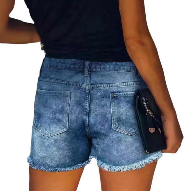 European & American Patchwork Ripped Snowflake Denim Shorts - Women's Slim Fit